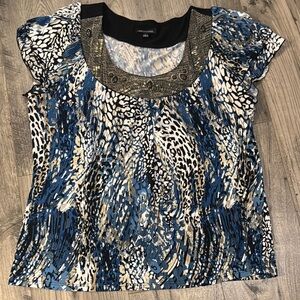 Notations Blue and Black Animal Print Blouse
